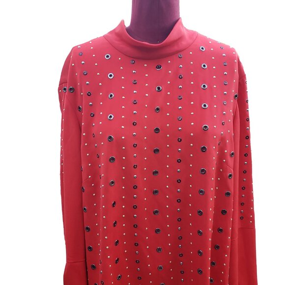St John Couture Shift Dress Red Silk Long Sleeve Grommets Studs 16 - Picture 2 of 7